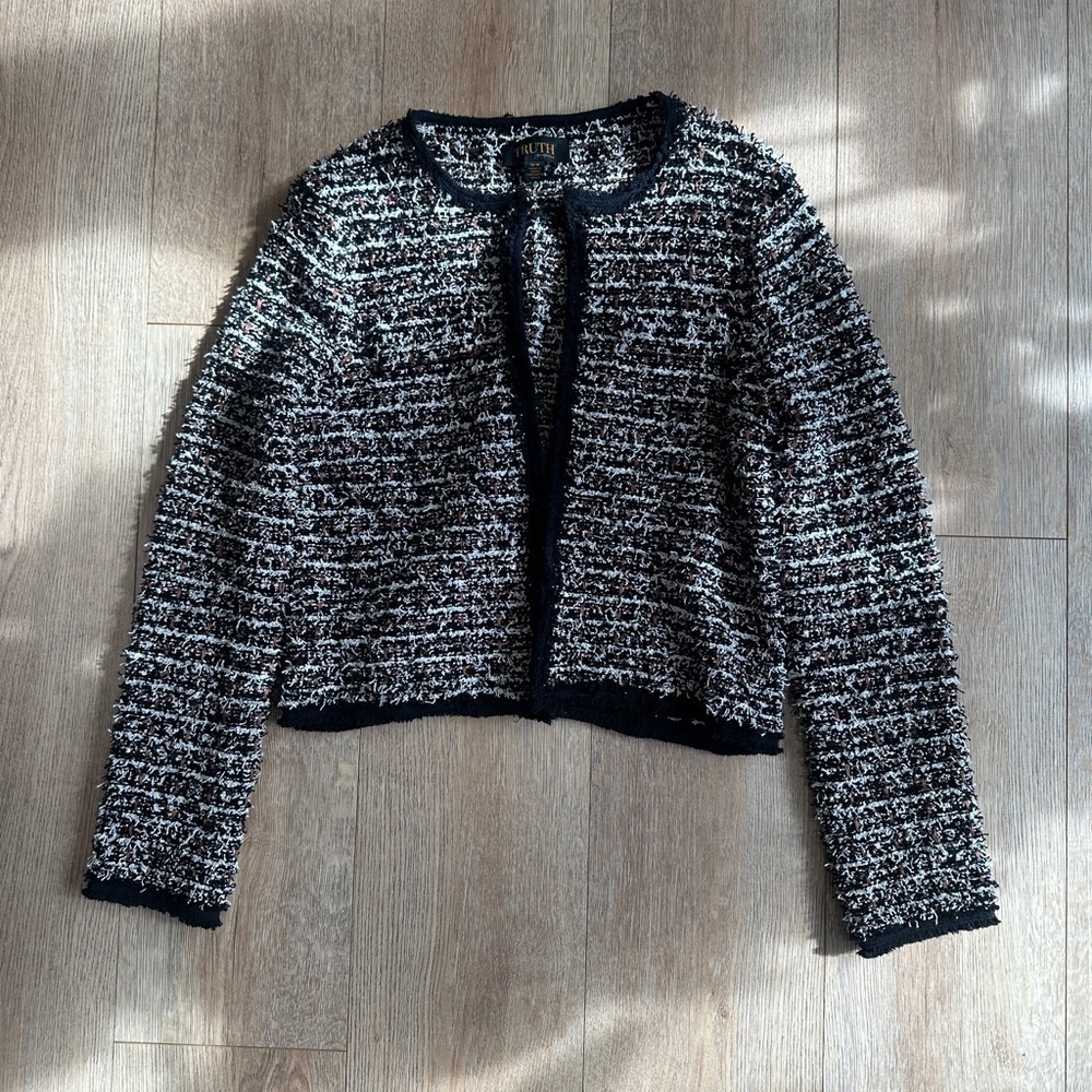 Truth by Republic Tweed Cropped Jacket Medium Black White Textured Open Front